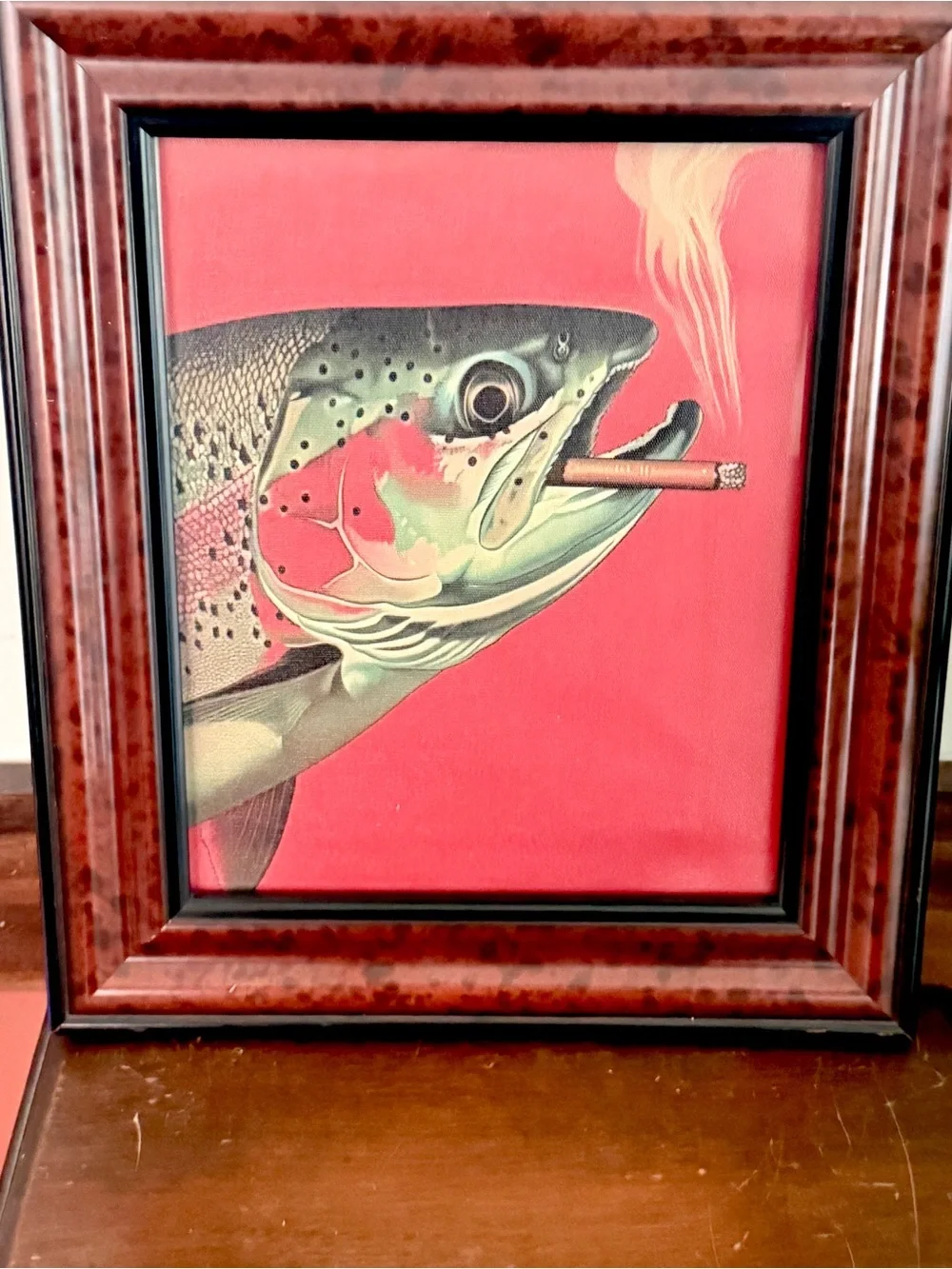 Trout Fish Smoking a Cigarette Vintage Style Canvas Wall Art Print Wood Framed